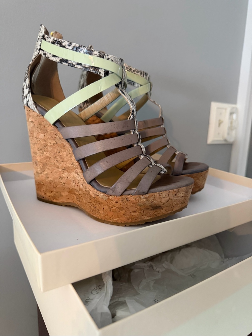 Jimmy Choo Pale Green and Gray Snake-Trim Cork Wedge Sandals